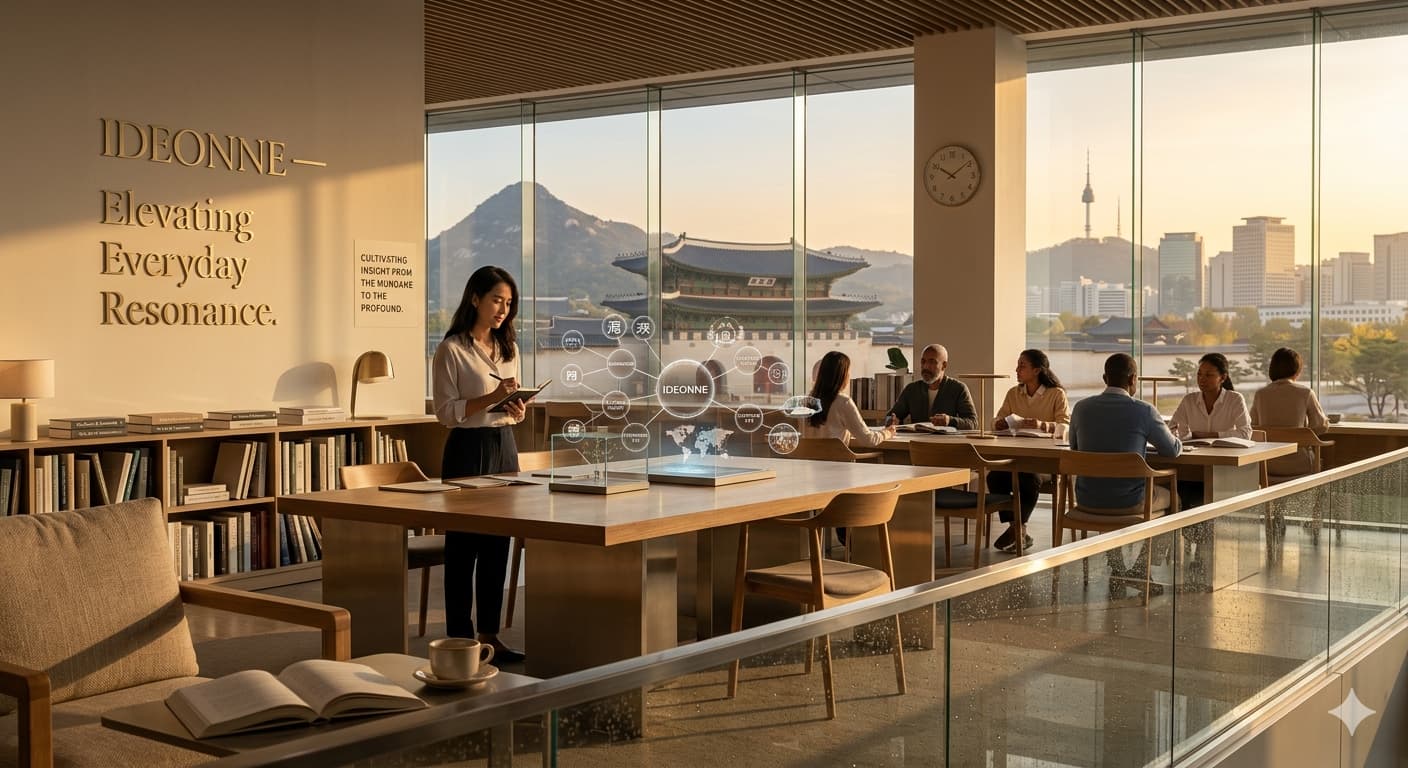 A warm, sophisticated library interior with the IDEONNE logo and "Elevating Everyday Resonance" slogan. Through large floor-to-ceiling windows, Gwanghwamun and the Seoul cityscape at sunset are visible. At the center, a Korean woman and a diverse group converse, while a holographic display on the table connects terms like 'IDEA', 'RESONANCE', 'CULTURAL INSIGHT', and traditional Korean characters.