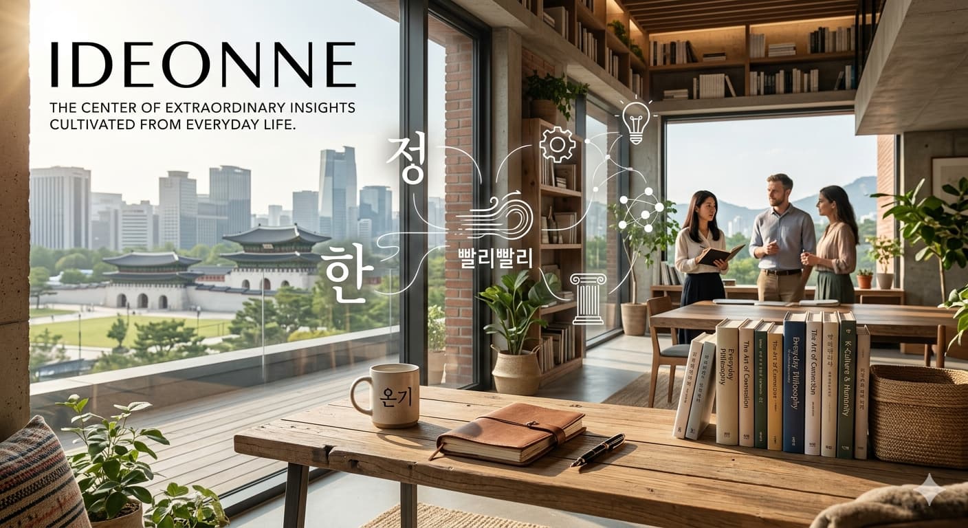 A modern, warm library interior featuring the 'IDEONNE' logo and slogan. Through the large glass window, Gwanghwamun and the modern Seoul cityscape are visible. The window is adorned with Korean words ('Han', 'Jeong', 'Palli-Palli') and abstract insight icons. In the background, diverse people converse, while the foreground table holds books like 'K-Culture & Humanity', a notebook, and a mug inscribed with 'Ongi' (warmth).
