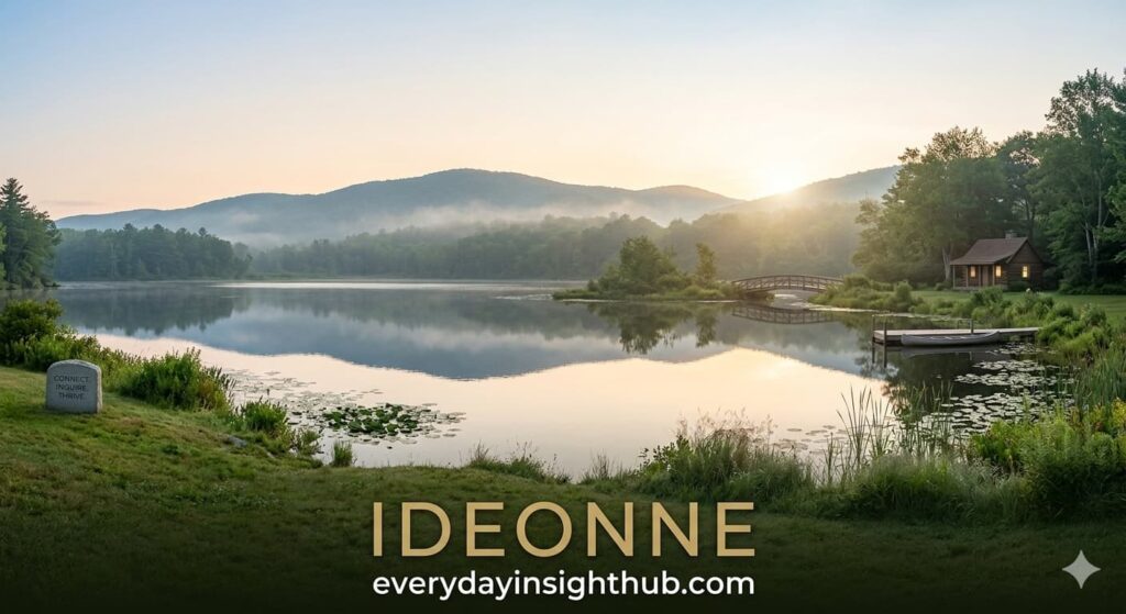 A serene lakeside landscape at sunrise with misty mountains reflecting on the calm water. A cozy wooden cabin sits nestled among lush green trees, with a small bridge and a canoe at the dock. The 'IDEONNE' logo and 'everydayinsighthub.com' are displayed at the bottom, evoking a sense of tranquility and deep reflection.