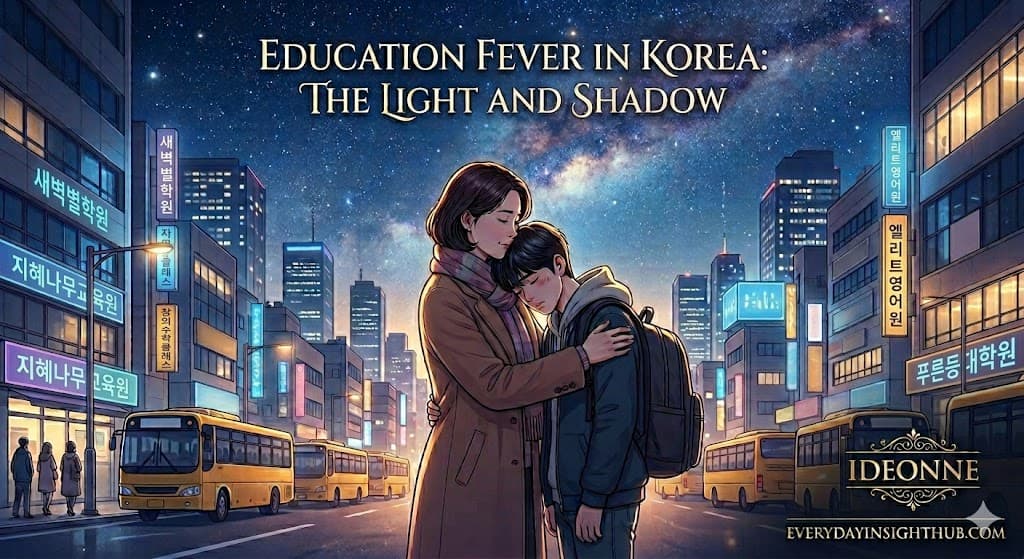 A cinematic illustration of Education Fever in Korea, showcasing a mother comforting her student son under a starry sky in Seoul, with fictional academy signs like Saebyeokbyeol Hagwon and gold branding logos.