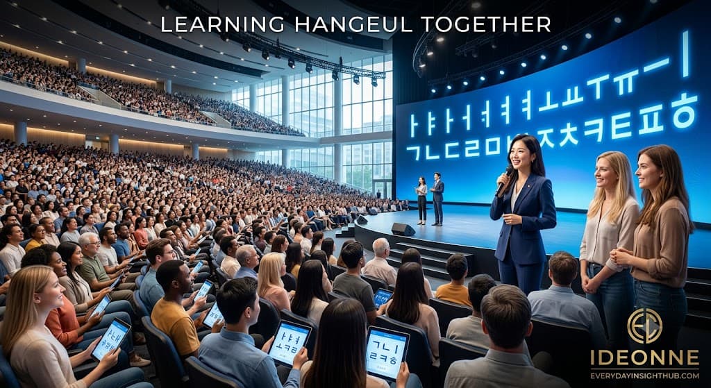 A scene from the 'LEARNING HANGEUL TOGETHER' event hosted by IDEONNE. Korean consonants and vowels shine like neon signs on the gigantic screen at the front of a large auditorium filled with thousands of audience members. On stage, two female hosts and one male host are presenting about Hangeul. The audience is concentrating on the class, each using a laptop or tablet.