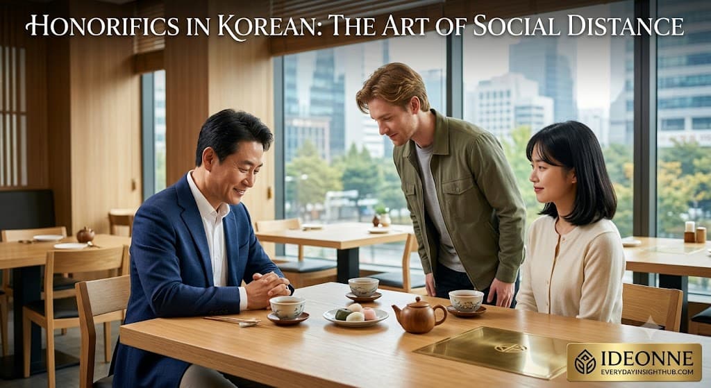 An illustration of Honorifics in Korean, showing a Canadian man bowing respectfully to greet his girlfriend's polite father in a modern Seoul cafe.