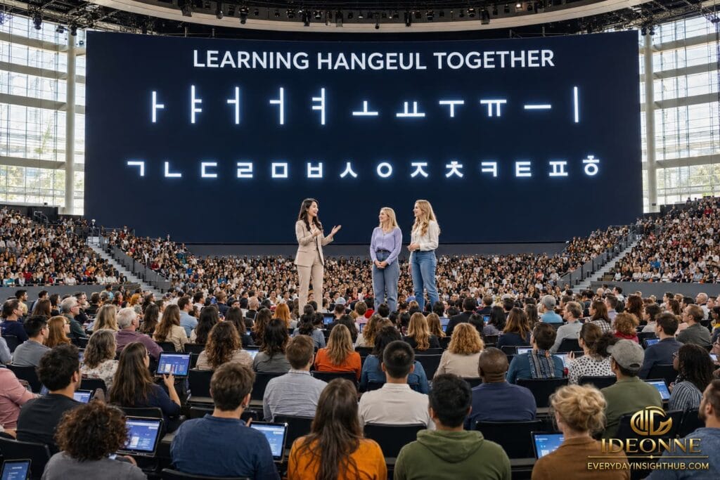 A large audience at an event to Learn Hangeul together with digital tablets