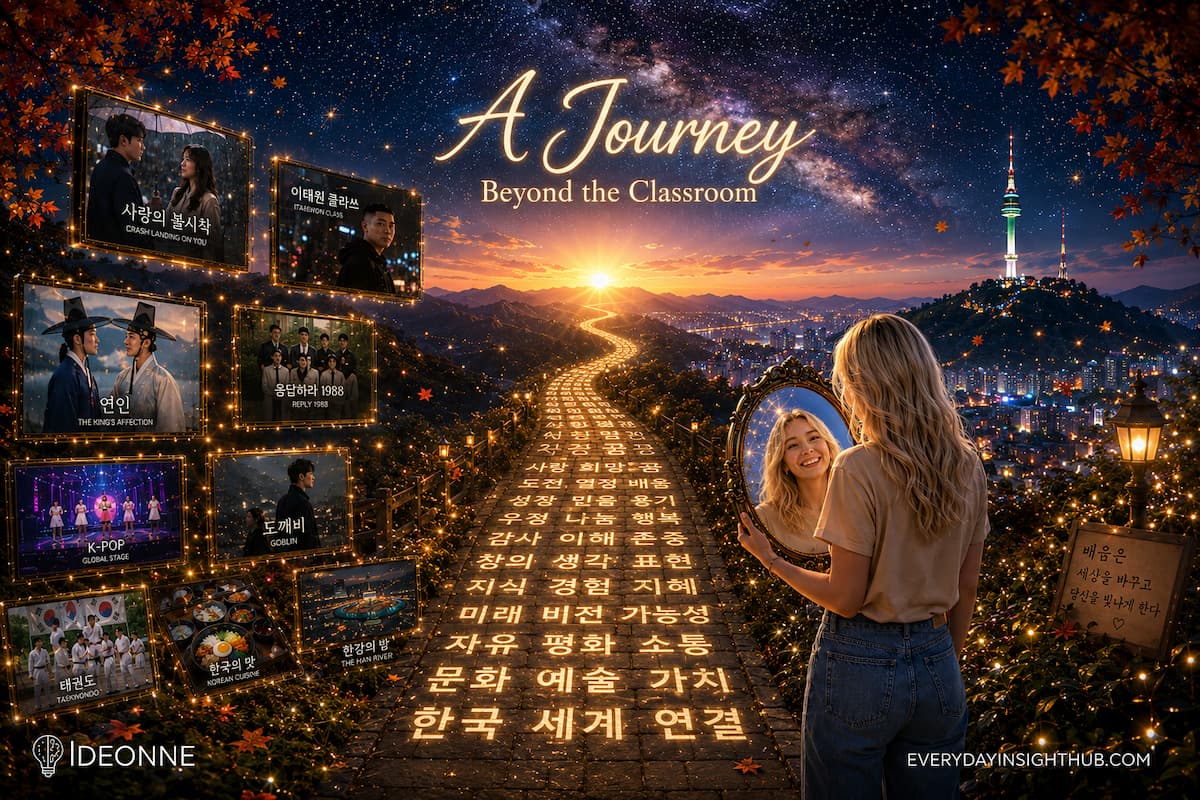 A blonde woman in jeans stands on a winding, glowing stone path that leads through Korean mountains at sunset. Golden Korean characters (such as "love," "hope," "passion," and "dream") are inscribed on the stones, lighting the way. She holds a small, decorative hand mirror, reflecting her smiling face. To her left, floating framed screens display scenes of Korean culture and entertainment: K-dramas (e.g., Goblin, Crash Landing on You, Itaewon Class, Reply 1988, The King's Affection), K-POP on a global stage, Taekwondo, Korean cuisine, and a view of the Han River at night. In the background, to the right, is a detailed Seoul cityscape with the N Seoul Tower, illuminated under a dramatic, starry sky with the Milky Way visible. Text at the top center reads "A Journey Beyond the Classroom."