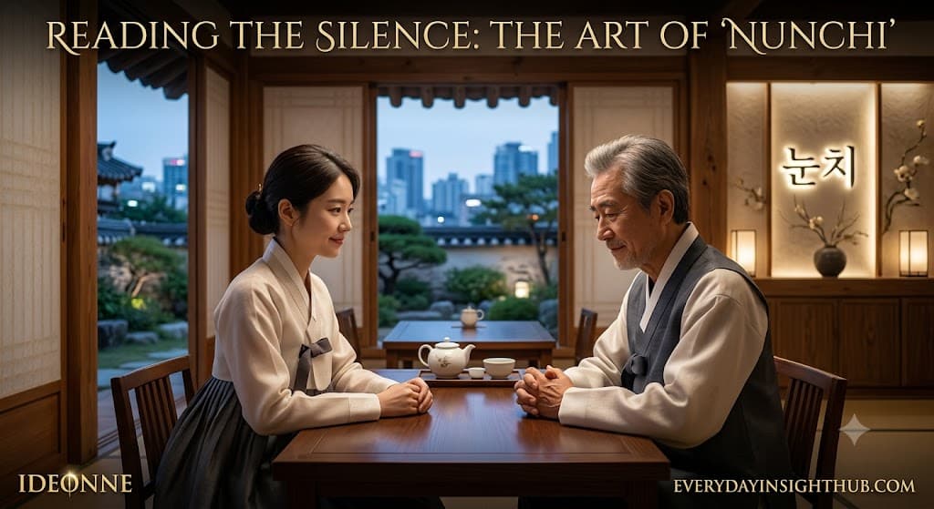 An elegant presentation of Korean culture featuring a man and a woman in beautiful Hanbok engaged in a respectful tea ceremony inside a traditional Hanok house, symbolizing nunchi and the art of reading the silence.