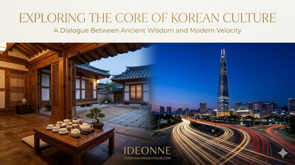 A dual visual illustrating korean culture balance with a traditional Hanok teahouse tea set on the left and a high-speed Seoul night cityscape on the right.