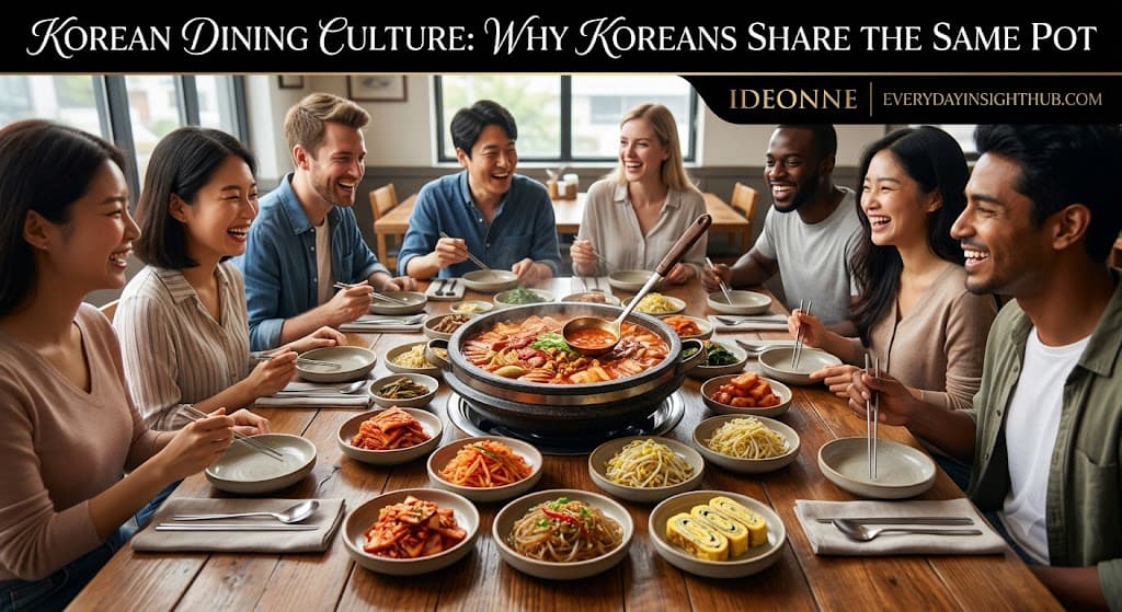 Korean dining culture experienced by a diverse group of international friends sharing a traditional hot pot at a wooden table.