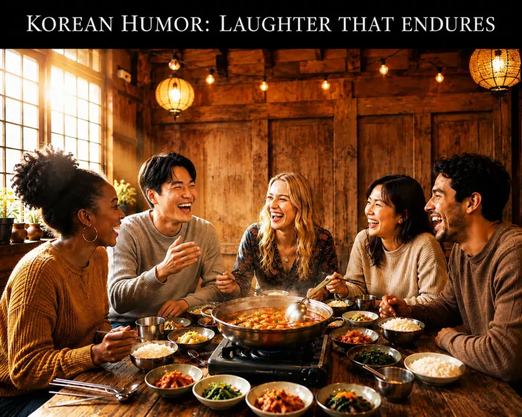 A cinematic, realistic photo of five multicultural friends laughing around a rustic wooden table in a cozy Korean restaurant. In the center, a steaming pot of stew sits on a portable stove with a traditional metal ladle. The background features a clean, plain wooden wall illuminated by warm hanging lanterns. At the top, a black banner reads 'KOREAN HUMOR: LAUGHTER THAT ENDURES'.