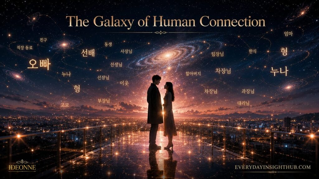 A high-resolution, cinematic digital artwork titled 'The Galaxy of Human Connection' at the top center. In the center, a man and a woman stand facing each other on a glowing, reflective glass terrace overlooking a sprawling city nightscape under a twilight sky. The night sky is filled with a breathtaking cosmic galaxy where various Korean honorific titles such as '오빠', '선배', '누나', '형', and '선장님' float like constellations in warm gold lettering. The gold branding logo 'IDEONNE' is in the bottom left corner, and 'EVERYDAYINSIGHTHUB.COM' is in the bottom right corner.