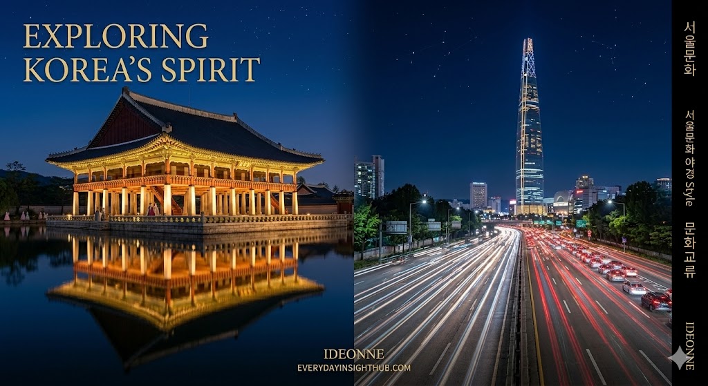 A high-contrast visual blending Gyeonghoeru Pavilion reflecting historical Korea heritage and the ultramodern Lotte World Tower night view of Seoul.