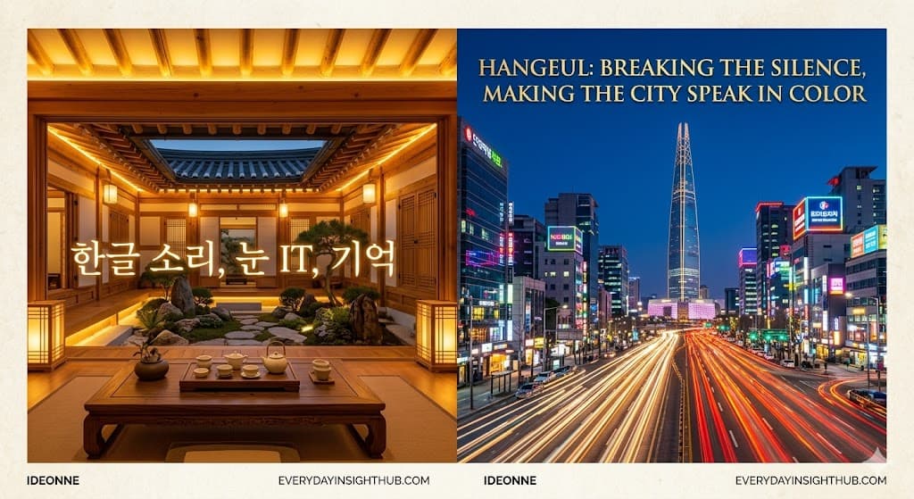 An artistic graphic encouraging users to learn hangeul alphabet featuring glowing neon signs on a modern Seoul street alongside a peaceful traditional Hanok window view.