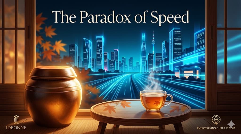 A cinematic editorial illustration of Seoul at night, featuring a split-screen paradox of speed and warmth. The upper center displays the text "The Paradox of Speed" in an elegant serif font. In the background, a hyper-modern cityscape with glowing blue neon skyscrapers and blurred light trails of fast-moving traffic captures intense velocity. In the warm, amber-lit foreground, a traditional Korean earthenware jar (Onggi) sits beside a low wooden table holding a steaming cup of tea with autumn maple leaves inside. The gold branding logos for "IDEONNE" and "EVERYDAYINSIGHTHUB.COM" are anchored flawlessly in the bottom corners.