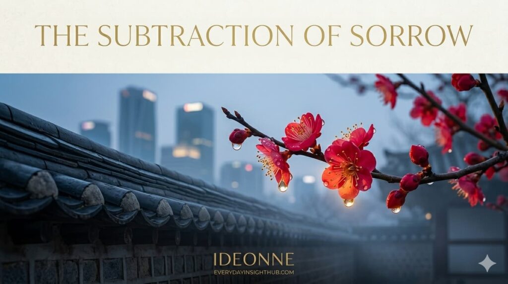 Beautiful pink plum blossoms with water drops next to a traditional Korean tile wall, with a foggy modern city in the background to understand Korean culture Han.