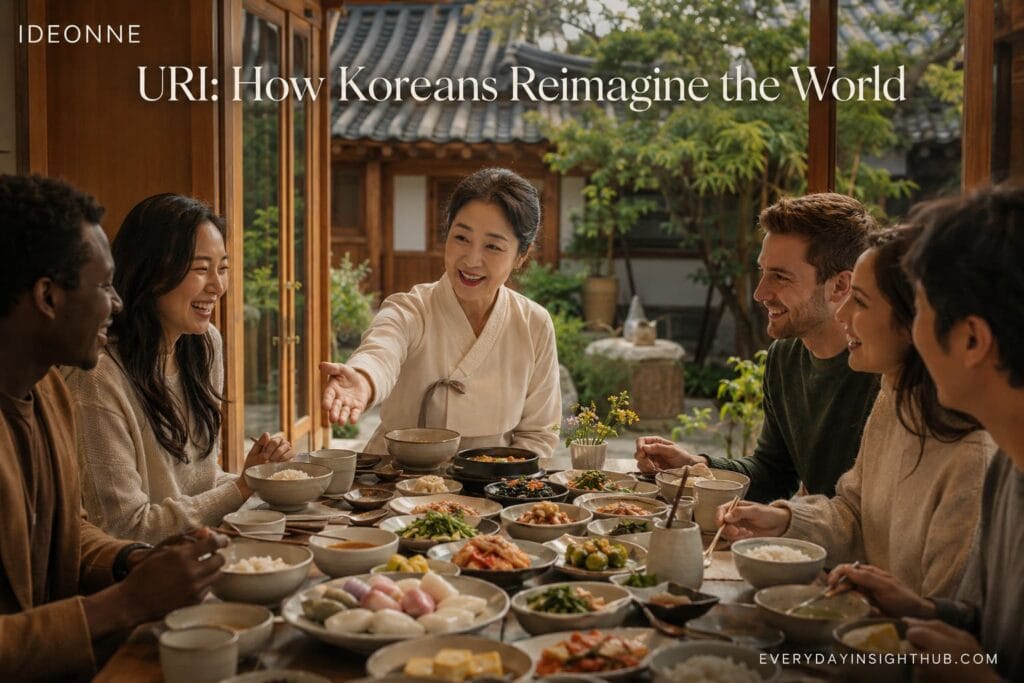 A group of diverse international friends and an elderly Korean woman in traditional Hanbok sharing a warm, communal meal at a wooden table in a sunlit Hanok, symbolizing the Korean concept of 'Uri' (we/our) through connection and hospitality.