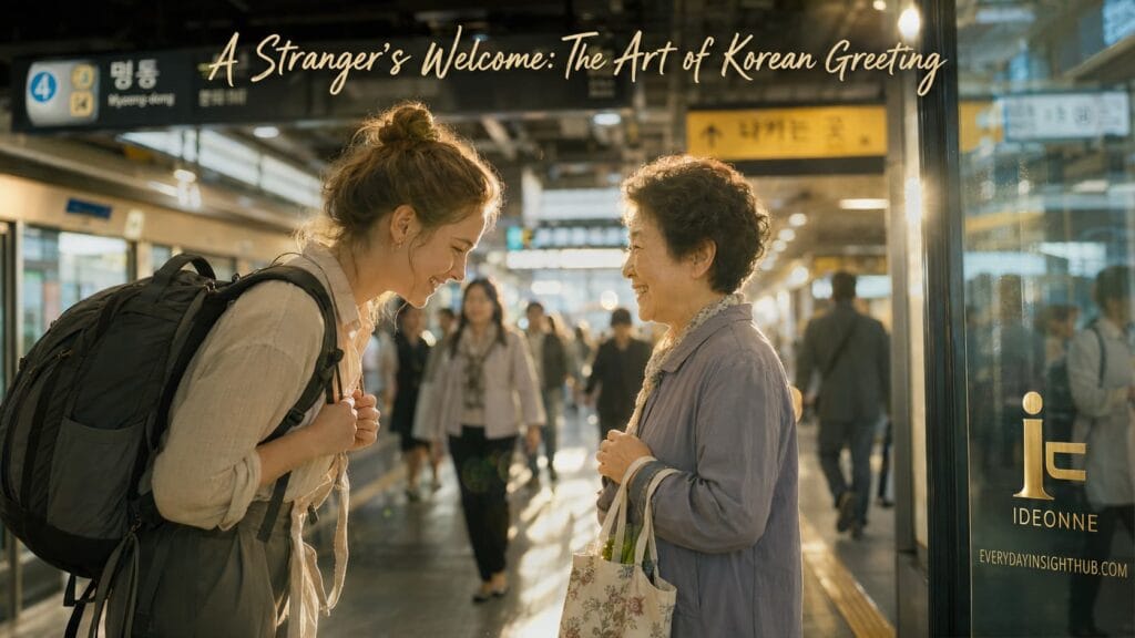 A bright, cinematic photograph in a Seoul subway station where a young British female traveler with a backpack and an elderly Korean woman are smiling warmly at each other after exchanging a greeting. A cream-colored overlay title at the top reads 'A Stranger's Welcome: The Art of Korean Greeting'