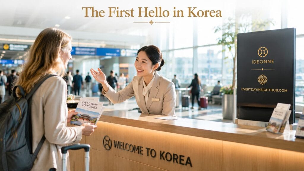 A smiling airport staff member warmly greeting a traveler, showcasing essential Korean etiquette for beginners at Incheon Airport.