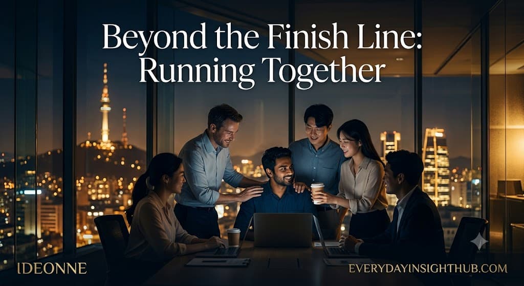 A group of colleagues of diverse ethnicities gather together in a modern, warm-lit Seoul office at night, smiling after solving a crisis. One colleague pats another's shoulder in support. The Seoul skyline and N Seoul Tower are visible outside the window. Text title on the top reads: "Beyond the Finish Line: Running Together". Gold logos of "IDEONNE" and "EVERYDAYINSIGHTHUB.COM" are at the bottom corners.