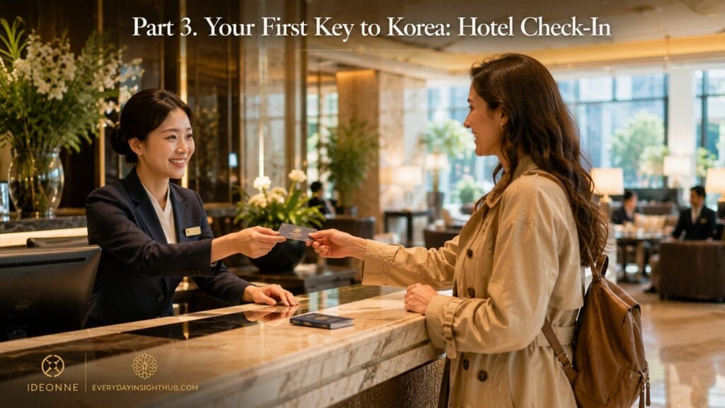 A friendly Korean hotel concierge demonstrates how to check into a hotel in Korea by handing a room key to a smiling traveler in a bright, elegant lobby.