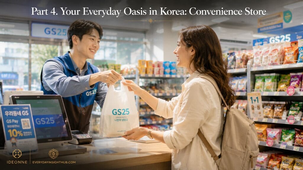 A friendly Korean convenience store clerk handing a bag to a smiling traveler, illustrating how to use convenience stores in Korea.