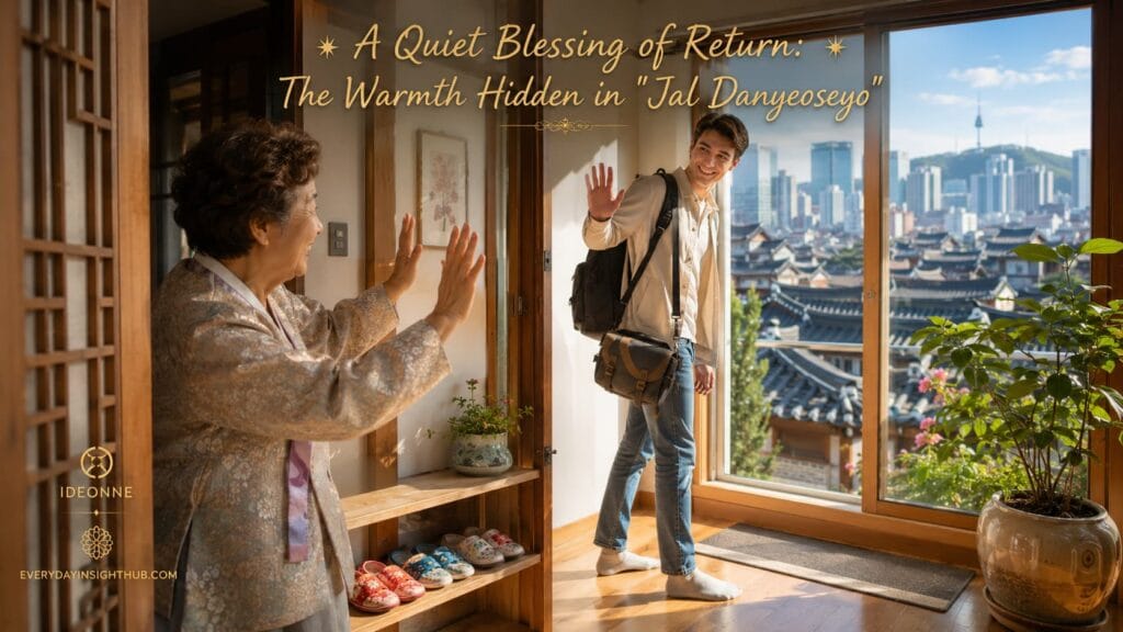 A smiling Korean grandmother waving goodbye to a Western man at a bright entryway, capturing the warmth of the cultural farewell phrase jal danyeoseyo.