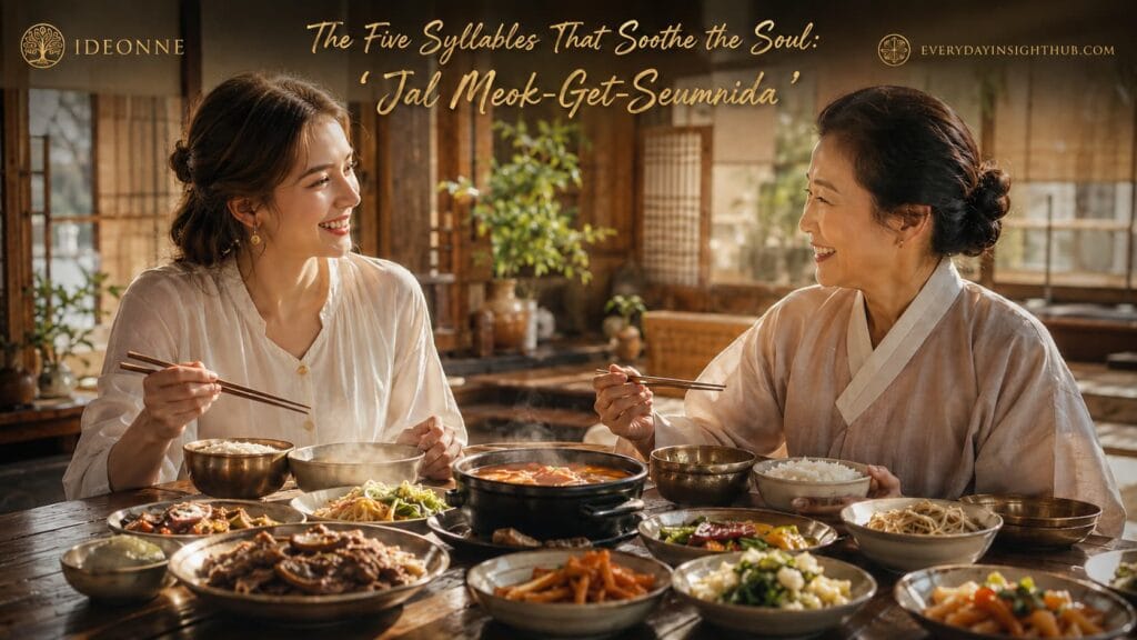 Two women sharing a traditional Korean meal with bubbling jjigae stews and various side dishes in a sunlit Hanok, illustrating the Korean dining ritual.