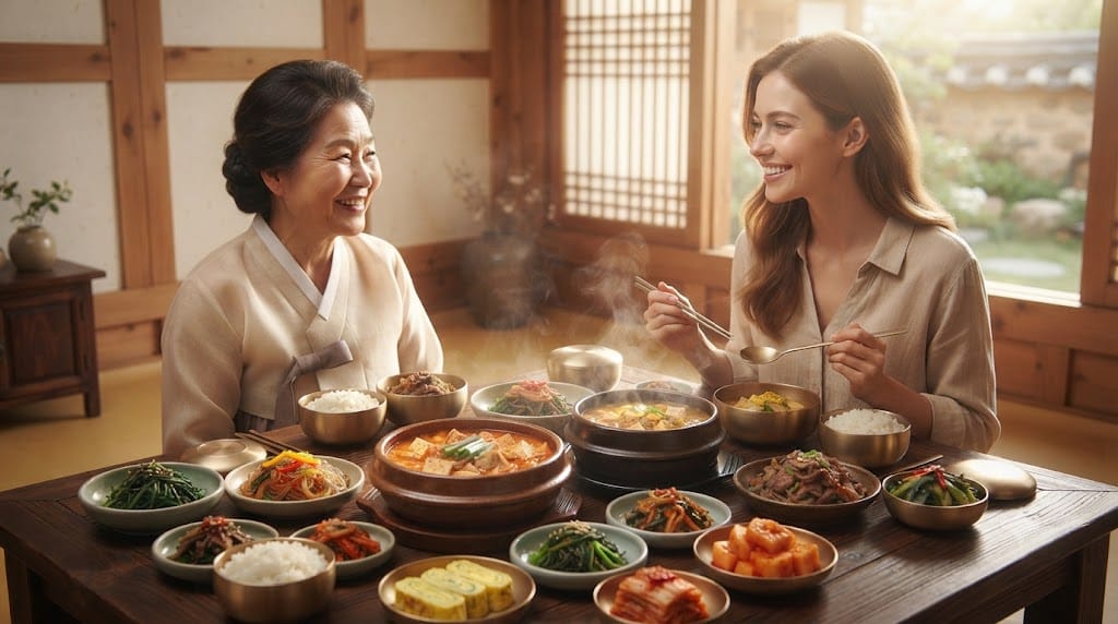A traditional Korean dining table setting featuring two jjigae pots and the calligraphy 'Jal Meok-Get-Seumnida', symbolizing the art of gratitude in Korean culture.