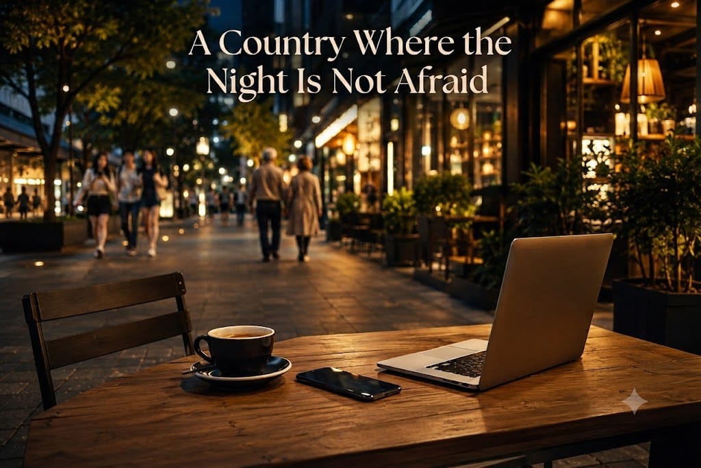 A peaceful night scene at a street café in Seoul, Korea, with an unattended laptop on a wooden table, symbolizing a culture of trust and safety.