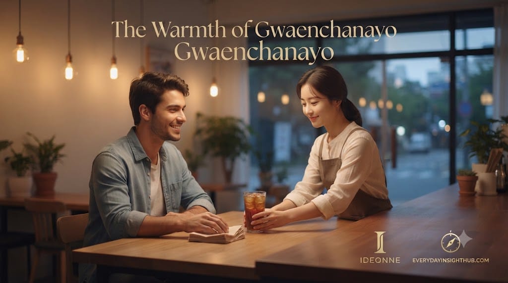 A warm, cinematic scene inside a Korean cafe where a smiling barista hands an iced tea and napkins to a foreign customer, embodying the culture of 'Gwaenchanayo' (It's okay).