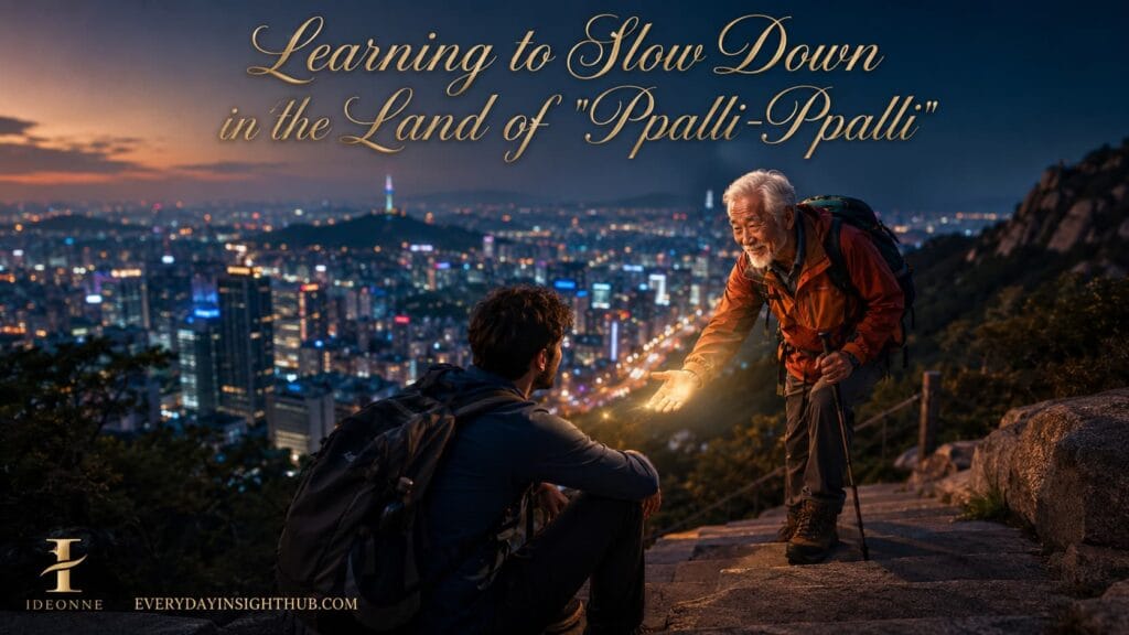 An elderly Korean hiker offering a reassuring hand to an exhausted foreign traveler on Bukhansan mountain overlooking Seoul, reflecting the slow down culture in Korea.