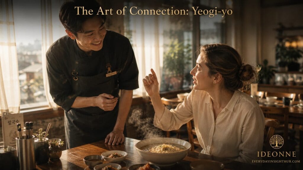 A candid photo inside a warm, sunlit Korean restaurant. A smiling Korean male server in an apron is leaning in to take an order from a female foreign traveler. The traveler is mid-way through a gentle hand gesture, saying 'Yeogi-yo' (Excuse me) to get his attention. On the table is a steaming bowl of Kalguksu. The text 'The Art of Connection: Yeogi-yo' is visible at the top center, and the IDEONNE branding logo is in the bottom right.