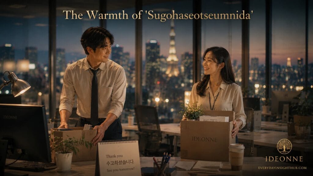 Two colleagues smiling and packing their desks at a Seoul office during twilight, embodying the warmth of the Korean expression sugohaseotseumnida.