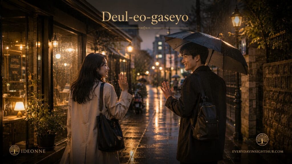 Two friends waving goodbye with a warm smile on a rainy evening in Seoul, embodying the comfort of the Korean farewell expression deul-eo-gaseyo.
