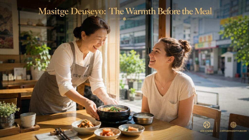 A smiling Korean restaurant owner serving a steaming bowl of food to a happy traveler, illustrating essential Korean dining culture phrases.