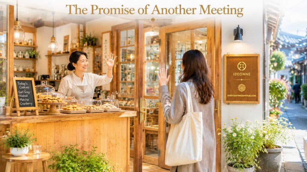 A smiling shop owner waving goodbye to a customer, showcasing the warmth of Korean etiquette daeume tto bwaeyo at an artisan shop.