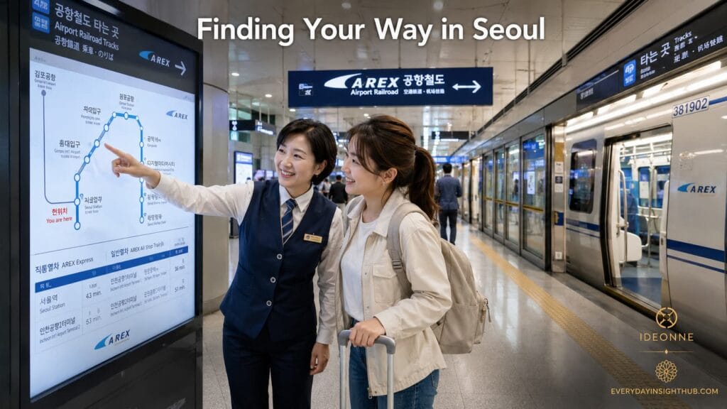 A traveler smiling while learning how to navigate the Seoul subway with a staff member.Seoul subway station.