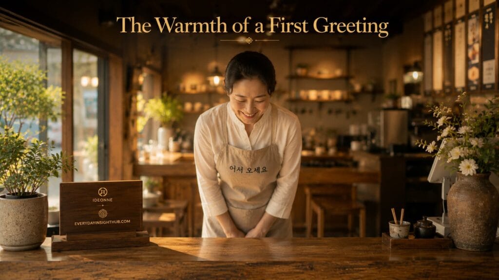 A smiling Korean café owner welcoming guests with a warm bow, symbolizing the cultural hospitality of eoseo oseyo.