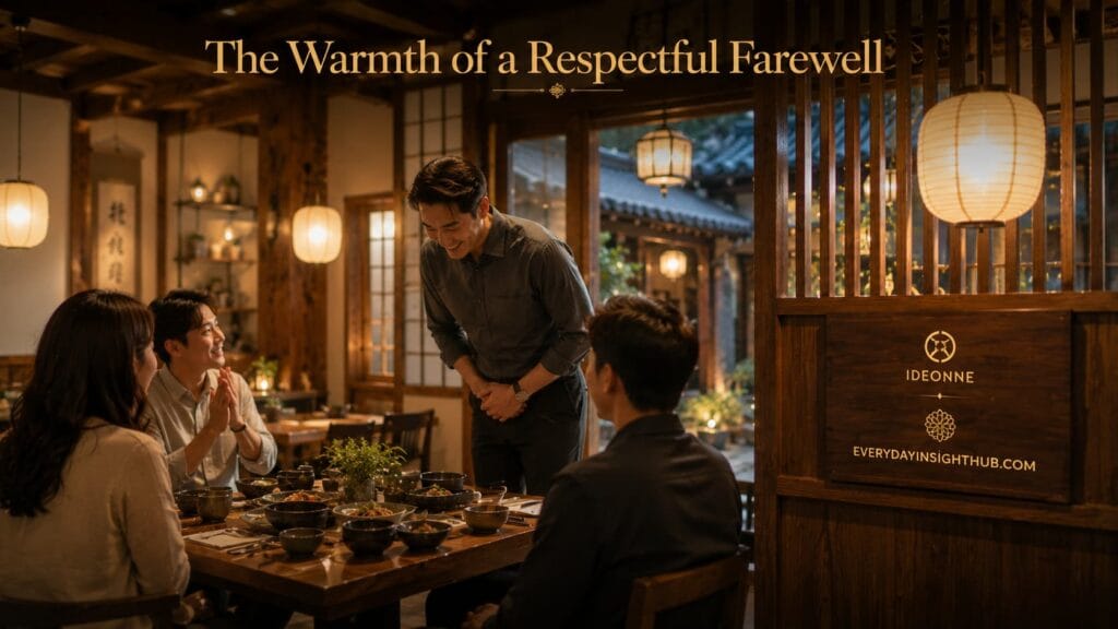 A professional practicing Korean etiquette meonjeo sillyehagesseumnida by politely bowing and bidding farewell to colleagues at a traditional restaurant.