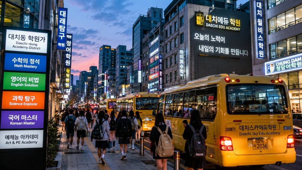 Education Fever in Korea: students leaving academies in Seoul’s Daechi-dong district at night