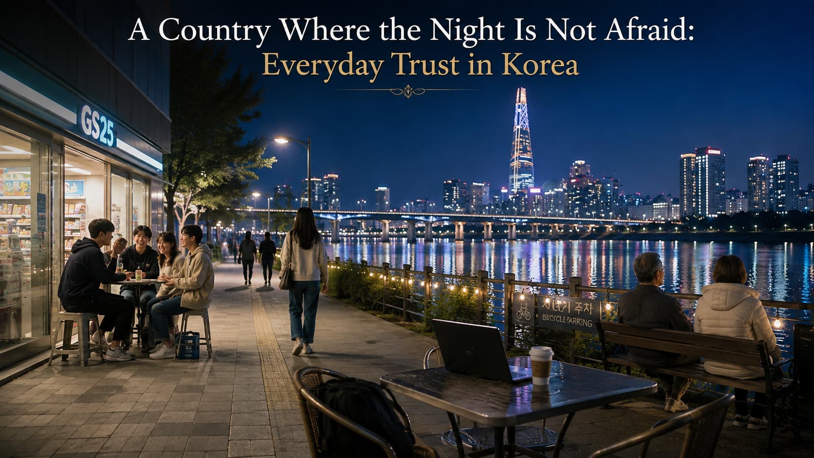 Everyday trust in Korea at night with people enjoying a riverside neighborhood in Seoul