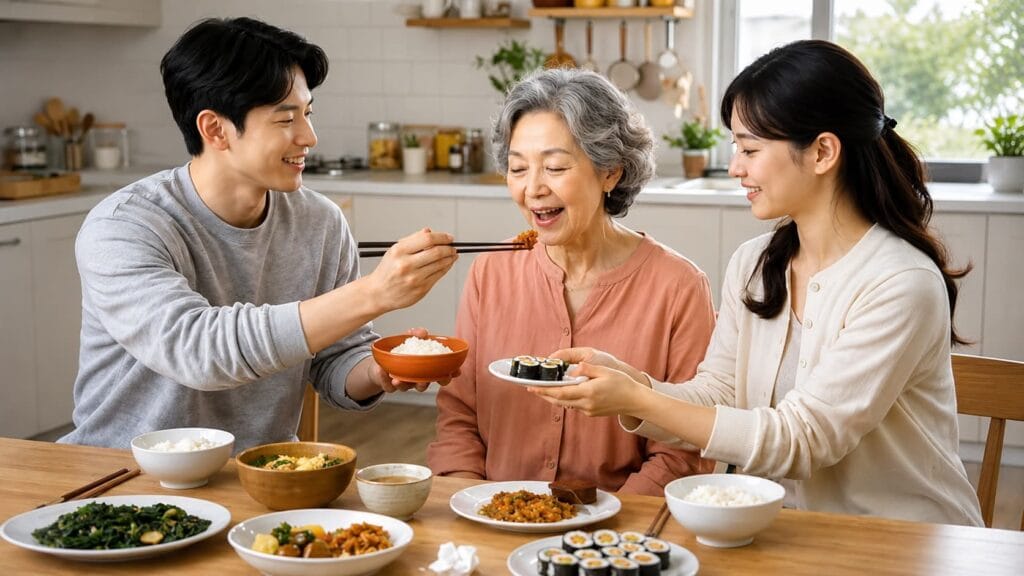 A Korean family sharing a meal together, showing Hyo through care, respect, and connection between generations.