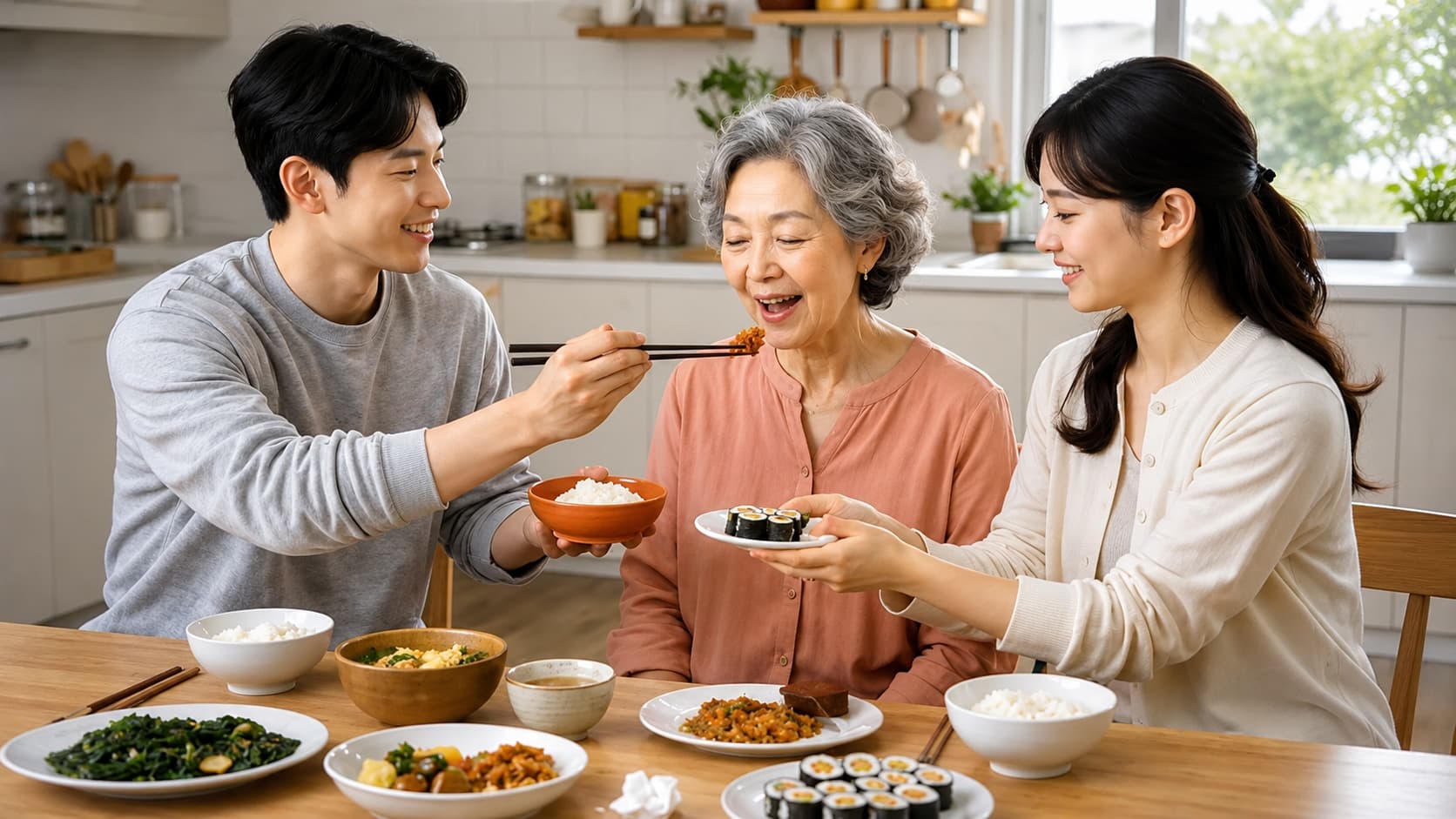 A Korean family sharing a meal together, showing Hyo through care, respect, and connection between generations.