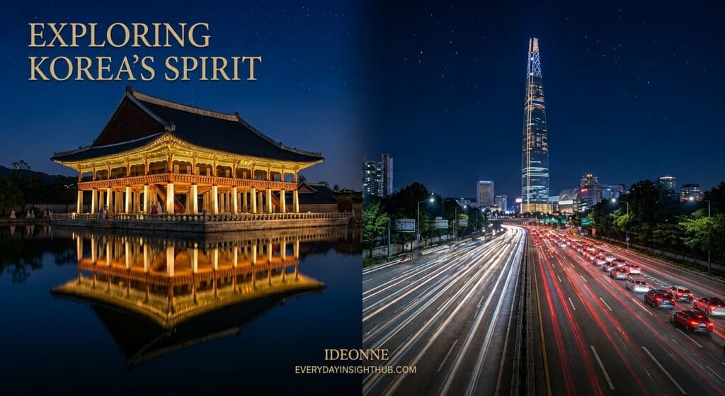 A high-contrast visual blending Gyeonghoeru Pavilion reflecting historical Korea heritage and the ultramodern Lotte World Tower night view of Seoul.