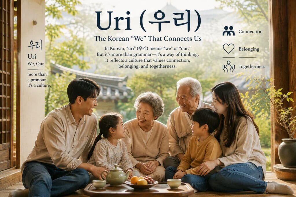A multigenerational Korean family sharing a warm moment together, illustrating the meaning of Uri (우리), the Korean concept of belonging, connection, and shared relationships.